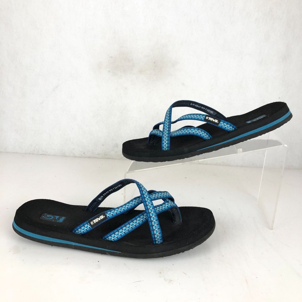 Teva Women's Size 8 Olowahu Blue White Open Toe Strappy Vegan Slip On Sandals - Picture 2 of 12